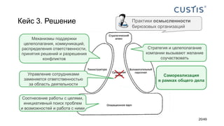 Кейс 3. Решение
Стратегия и целеполагание
компании вызывают желание
соучаствовать
Практики осмысленности
бирюзовых организаций
Соотнесение работы с целями,
инициативный поиск проблем
и возможностей и работа с ними
Самореализация
в рамках общего дела
Механизмы поддержки
целеполагания, коммуникаций,
распределения ответственности,
принятия решений и разрешения
конфликтов
Управление сотрудниками
заменяется ответственностью
за область деятельности
20/49
 