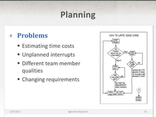 PlanningProblemsEstimating time costsUnplanned interruptsDifferent team member qualitiesChanging requirements16/03/2011Agile Development19