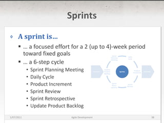 SprintsA sprint is…… a focused effort for a 2 (up to 4)-week period toward fixed goals… a 6-step cycleSprint Planning MeetingDaily CycleProduct IncrementSprint ReviewSprint RetrospectiveUpdate Product BacklogDaily CycleSprint Planning MeetingPreparationDeliverableSprintsProduct IncrementUpdate Product BacklogSprint ReviewSprint Retro-spective16/03/2011Agile Development38