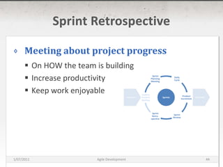 Sprint RetrospectiveMeeting about project progressOn HOW the team is buildingIncrease productivityKeep work enjoyableDaily CycleSprint Planning MeetingPreparationDeliverableSprintsProduct IncrementUpdate Product BacklogSprintReviewSprint Retro-spective16/03/2011Agile Development44