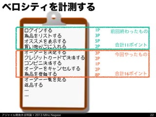 アジャイル開発手法特論 © 2013 Miho Nagase
ベロシティを計測する
22
ログインする
商品をリストする
オススメを表示する
買い物かごに入れる
オーダーを決定する
クレジットカードで決済する
コンビニ決済する
オーダーをキャンセルする
商品を登録する
オーダー一覧を見る
返品する
…
…
前回終わったもの
今回やったもの
1P
3P
5P
2P
3P
2P
1P
2P
8P 合計16ポイント
合計11ポイント
 