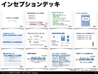 アジャイル開発手法特論 © 2013 Miho Nagase
日本語版,	
  0.4:	
  2012-­‐04-­‐02,	
  @kakutani
インセプションデッキ
17
 