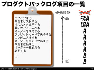 アジャイル開発手法特論 © 2013 Miho Nagase
プロダクトバックログ項目の一覧
74
ログインする
商品をリストする
オススメを表示する
買い物かごに入れる
オーダーを決定する
クレジットカードで決済する
コンビニ決済する
オーダーをキャンセルする
商品を登録する
オーダー一覧を見る
返品する
…
…
高
低
優先順位 優先度
特A
超A
A
A
A
A
B
B
 