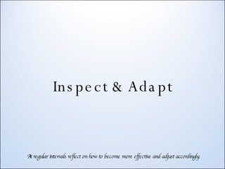 Inspect & Adapt At regular intervals reflect on how to become more effective and adjust accordingly. 