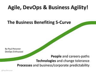 Agile, DevOps & Business Agility!
People and careers-paths
Technologies and change tolerance
Processes and business/corporate predictability
The Business Benefiting S-Curve
By Paul Peissner
DevOps Enthusiast
@PaulPeissner
 