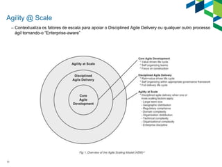 11
Agility @ Scale
– Contextualiza os fatores de escala para apoiar o Disciplined Agile Delivery ou qualquer outro processo
ágil tornando-o “Enterprise-aware”
 