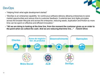 13
DevOps
– “Helping finish what agile development started”
– “DevOps is an enterprise capability for continuous software delivery allowing enterprises to seize
market opportunities and reduce time to customer feedback. It extends lean and Agile principles
across the broader lifecycle and across the enterprise, reducing waste, duplication and friction so more
time can be spent on effective and efficient innovation.”
– "All we are doing is looking at the time line, from the moment the customer gives us an order to
the point when we collect the cash. And we are reducing that time line...“ -Taiichi Ohno
OperaçõesDesenvolvimento
Clientes
Áreas de negócio /
Ger. de produtos
Midia Social ALM DevOps
 