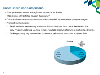 6
Case: Banco norte-americano
– Duas gerações da mesma aplicação num período de 3 a 4 anos
– 1200 defeitos x 60 defeitos: Mágica? Ilusionismo?
– Outras equipes da empresa continuavam usando waterfall, necessidade de planejar e integrar
– Práticas Scrum adaptadas
• Reuniões diárias além do daily scrum e do Scrum of Scrums: Tech Leads, Test Leads, Pos.
• Daily Program Leadership Meeting: revisa o resultado do scrum of scrums e resolve impedimentos
• Backlog grooming: algumas sessões por semana, pelo menos uma com a equipe na Índia
USA
negócios
20%
USA
técnica
20%
Índia
técnica
60%
Equipe
 
