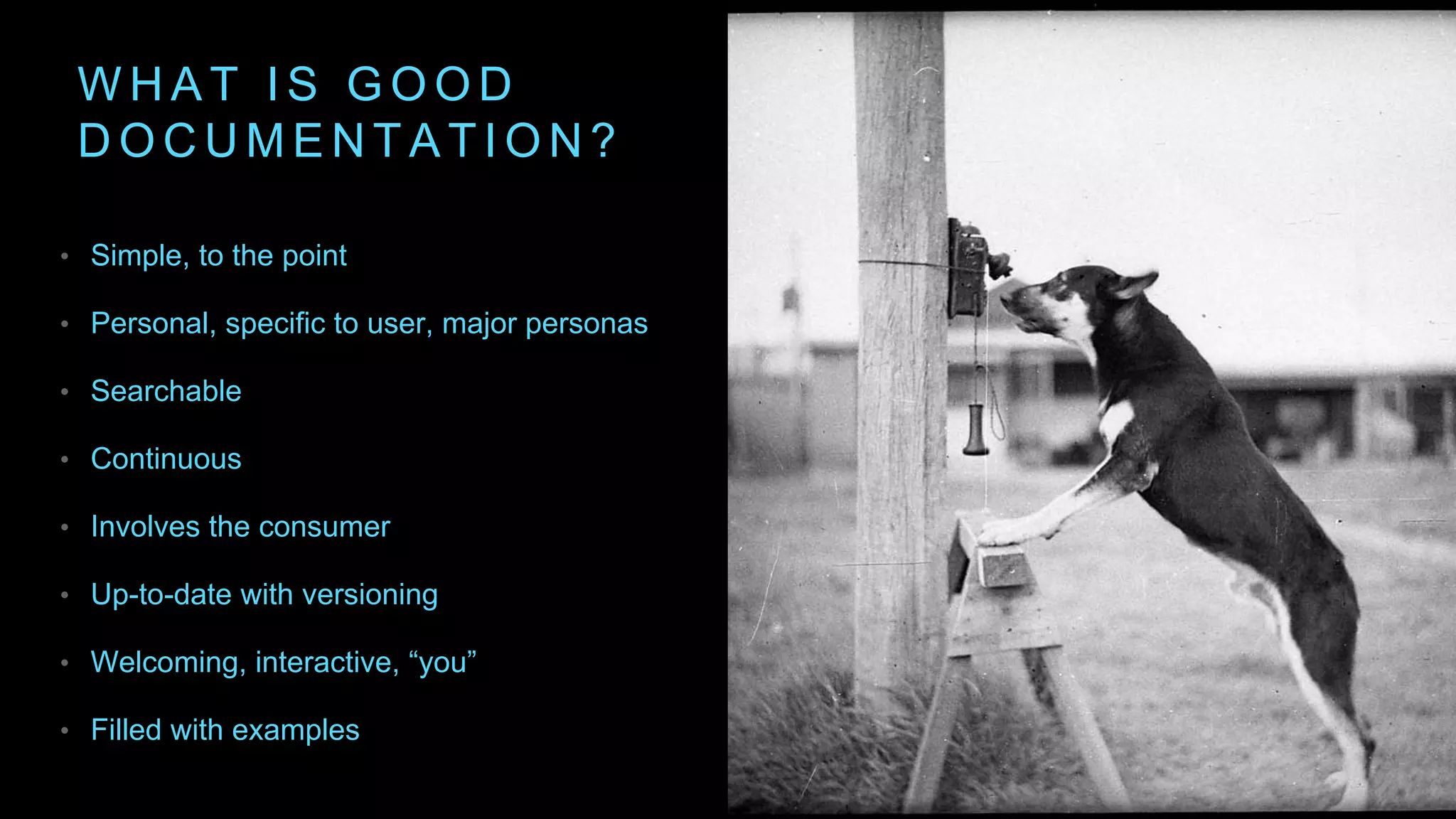 W H A T I S G O O D
D O C U M E N T A T I O N ?
• Simple, to the point
• Personal, specific to user, major personas
• Searchable
• Continuous
• Involves the consumer
• Up-to-date with versioning
• Welcoming, interactive, “you”
• Filled with examples
 