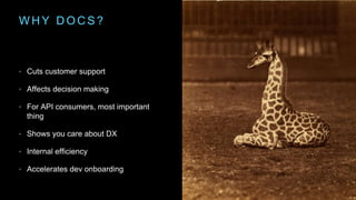 W H Y D O C S ?
• Cuts customer support
• Affects decision making
• For API consumers, most important
thing
• Shows you care about DX
• Internal efficiency
• Accelerates dev onboarding
 