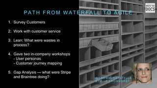 P A T H F R O M W A T E R F A L L T O A G I L E
@ C R O W H U R S T S T E L L A
S T E L L A C R O W H U R S T
1. Survey Customers
2. Work with customer service
3. Lean: What were wastes in
process?
4. Gave two in-company workshops
- User personas
- Customer journey mapping
5. Gap Analysis — what were Stripe
and Braintree doing?
 