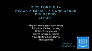 Highest score, gets top building
Prioritizes Kanban backlog
Solves for urgencies
Solves for size of project
Your ability to get it DONE
Transparency
R I C E F O R M U L A =
R E A C H X I M P A C T X C O N F I D E N C E
D I V I D E D B Y
E F F O R T
@ I N T E R C O M
C U S T O M E R
C O M M U N I C A T I O N
S
 