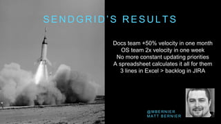Docs team +50% velocity in one month
OS team 2x velocity in one week
No more constant updating priorities
A spreadsheet calculates it all for them
3 lines in Excel > backlog in JIRA
S E N D G R I D ’ S R E S U L T S
@ M B E R N I E R
M A T T B E R N I E R
 