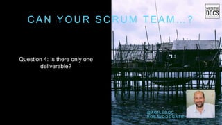 C A N Y O U R S C R U M T E A M … ?
Question 4: Is there only one
deliverable?
@ A G I L E D O C
R O B W O O D G A T E
 