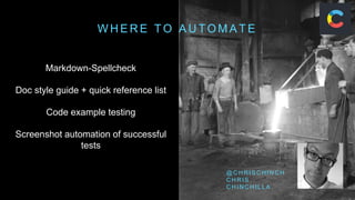 W H E R E T O A U T O M A T E
@ C H R I S C H I N C H
C H R I S
C H I N C H I L L A
Markdown-Spellcheck
Doc style guide + quick reference list
Code example testing
Screenshot automation of successful
tests
 