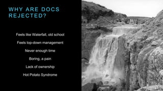 W H Y A R E D O C S
R E J E C T E D ?
Feels like Waterfall, old school
Feels top-down management
Never enough time
Boring, a pain
Lack of ownership
Hot Potato Syndrome
 