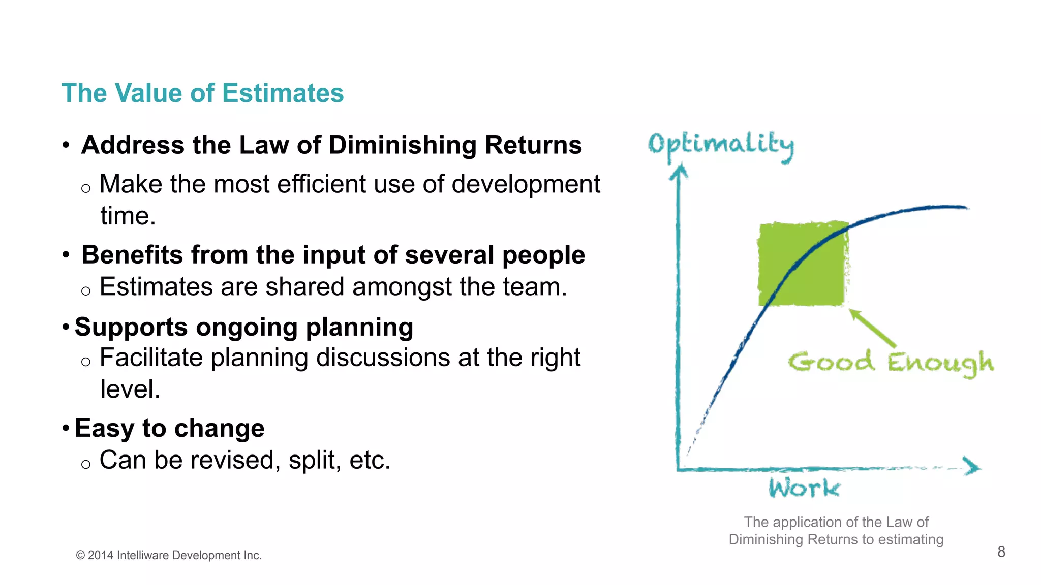 8
The Value of Estimates
•  Address the Law of Diminishing Returns
o  Make the most efficient use of development
time.
•  Benefits from the input of several people
o  Estimates are shared amongst the team.
• Supports ongoing planning
o  Facilitate planning discussions at the right
level.
• Easy to change
o  Can be revised, split, etc.
© 2014 Intelliware Development Inc.
The application of the Law of
Diminishing Returns to estimating
 
