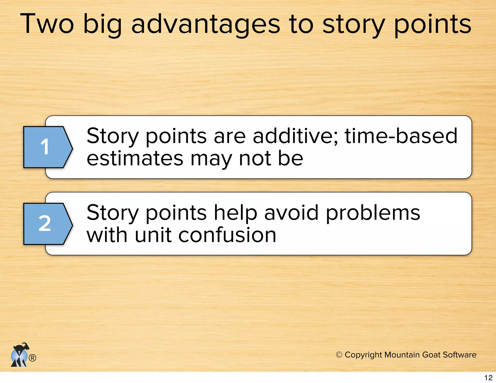 © Copyright Mountain Goat Software
®
Story points are additive; time-based
estimates may not be1
Story points help avoid problems
with unit confusion2
Two big advantages to story points
12
 