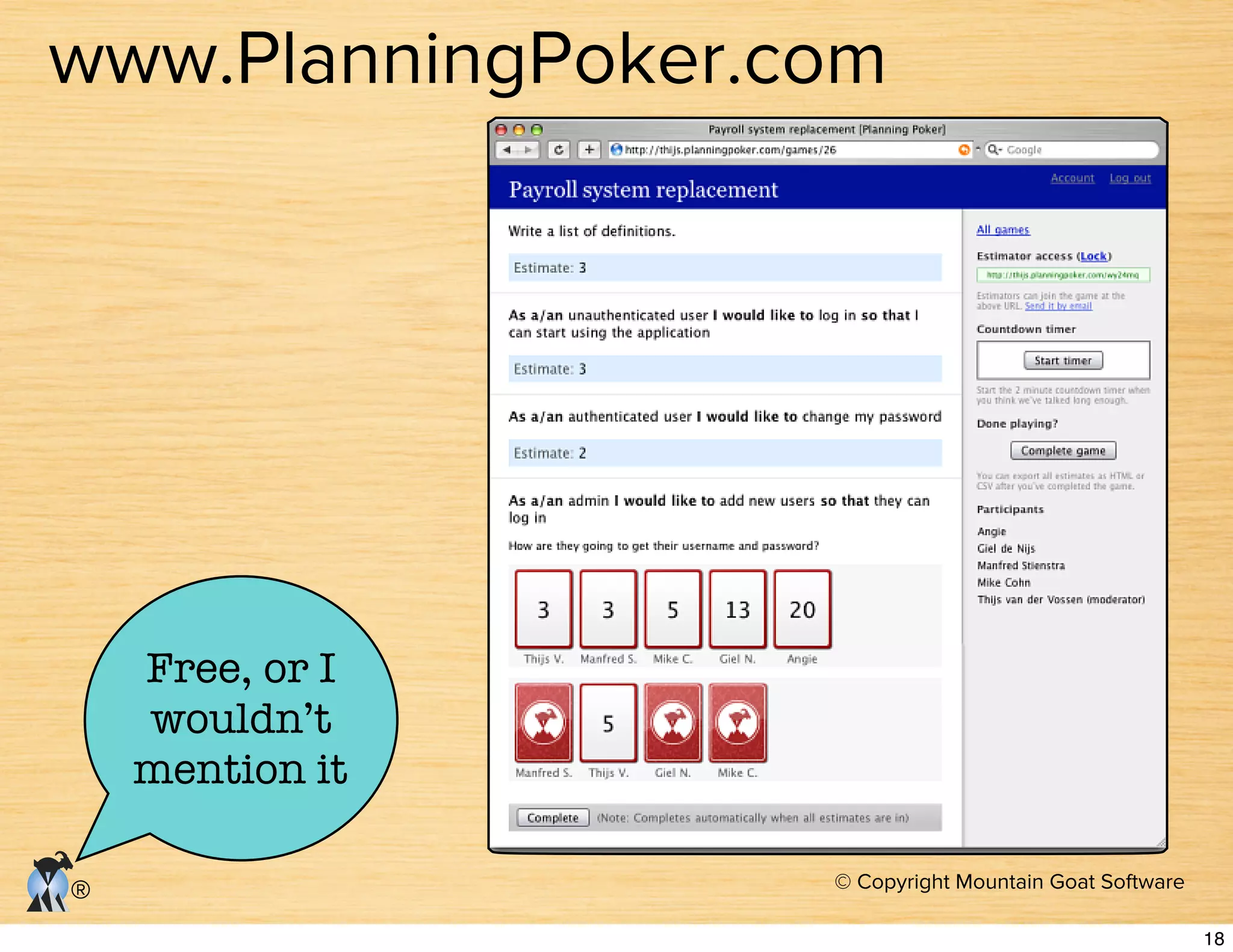 © Copyright Mountain Goat Software
®
Free, or I
wouldn’t
mention it
www.PlanningPoker.com
18
 