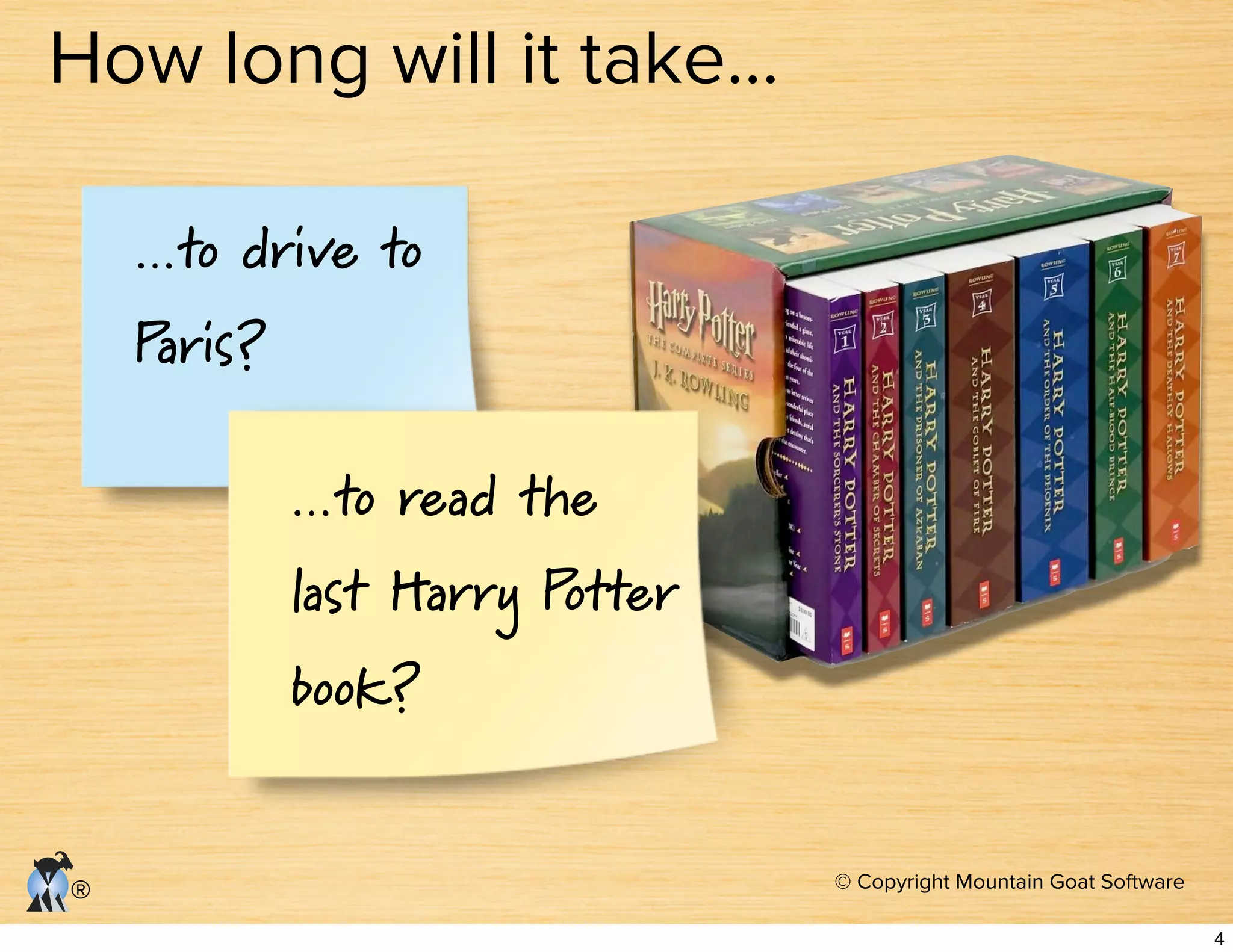 © Copyright Mountain Goat Software
®
…to drive to
Paris?
…to read the
last Harry Potter
book?
How long will it take…
4
 