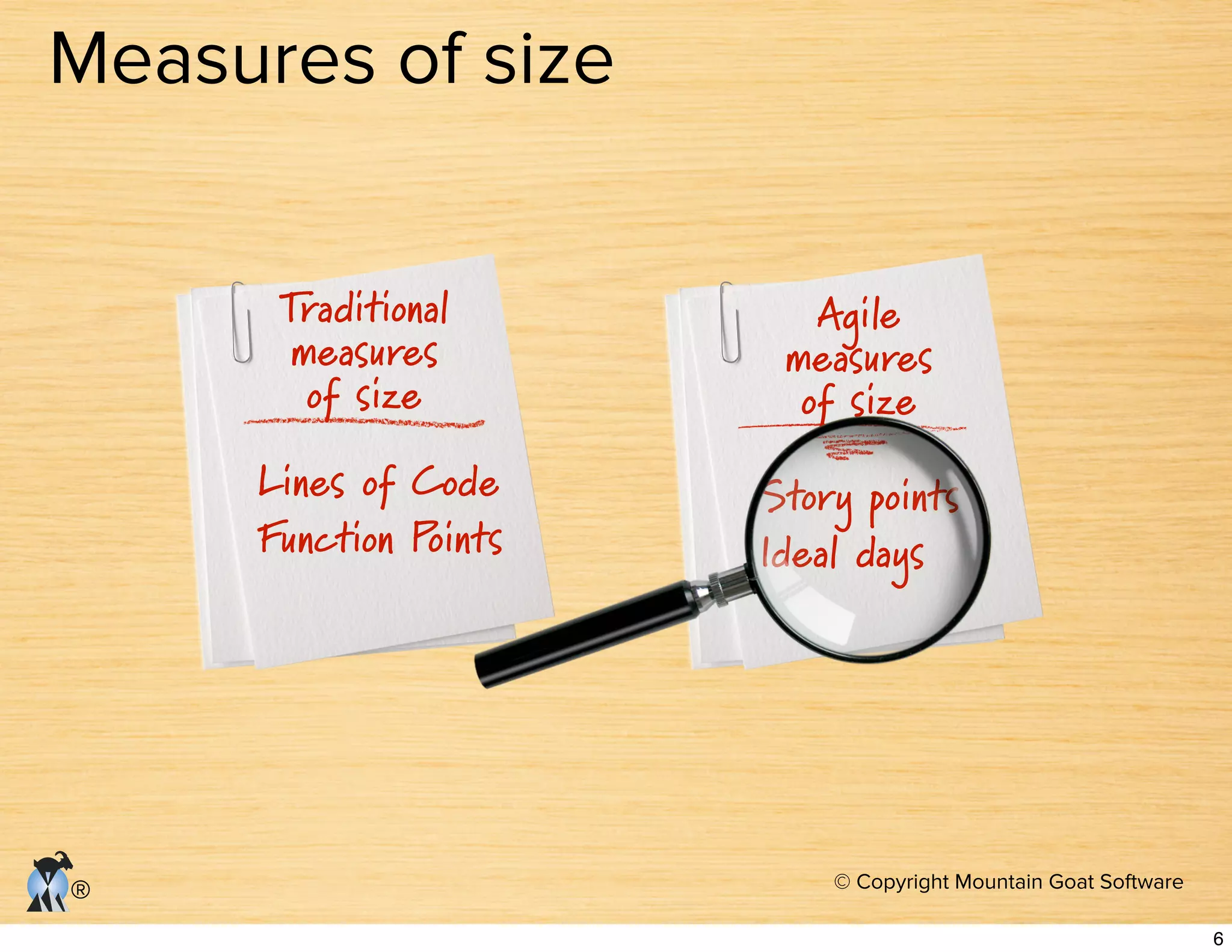 © Copyright Mountain Goat Software
®
Measures of size
Traditional
measures
of size
Lines of Code
Function Points
Agile
measures
of size
Story points
Ideal days
6
 