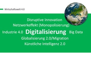 Wirtschaftswelt 4.0
Disruptive Innovation
DigitalisierungIndustrie 4.0
Netzwerkeffekt (Monopolisierung)
Big Data
Künstliche Intelligenz 2.0
Globalisierung 2.0/Migration
 