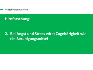 Prinzip Verbundenheit
Hirnforschung:
1. Verbundenheit ist ein neurobiologisches
Grundbedürfnis
2. Bei Angst und Stress wirkt Zugehörigkeit wie
ein Beruhigungsmittel
3. Arbeit im Team: + 50% Leistungsbereitschaft,
+ 12% Leistungsfähigkeit, - 33% Erschöpfung
 