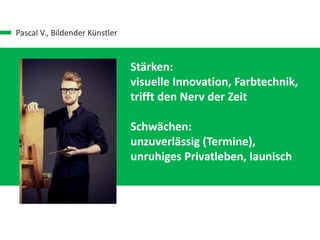 Pascal V., Bildender Künstler
Stärken:
visuelle Innovation, Farbtechnik,
trifft den Nerv der Zeit
Schwächen:
unzuverlässig (Termine),
unruhiges Privatleben, launisch
 