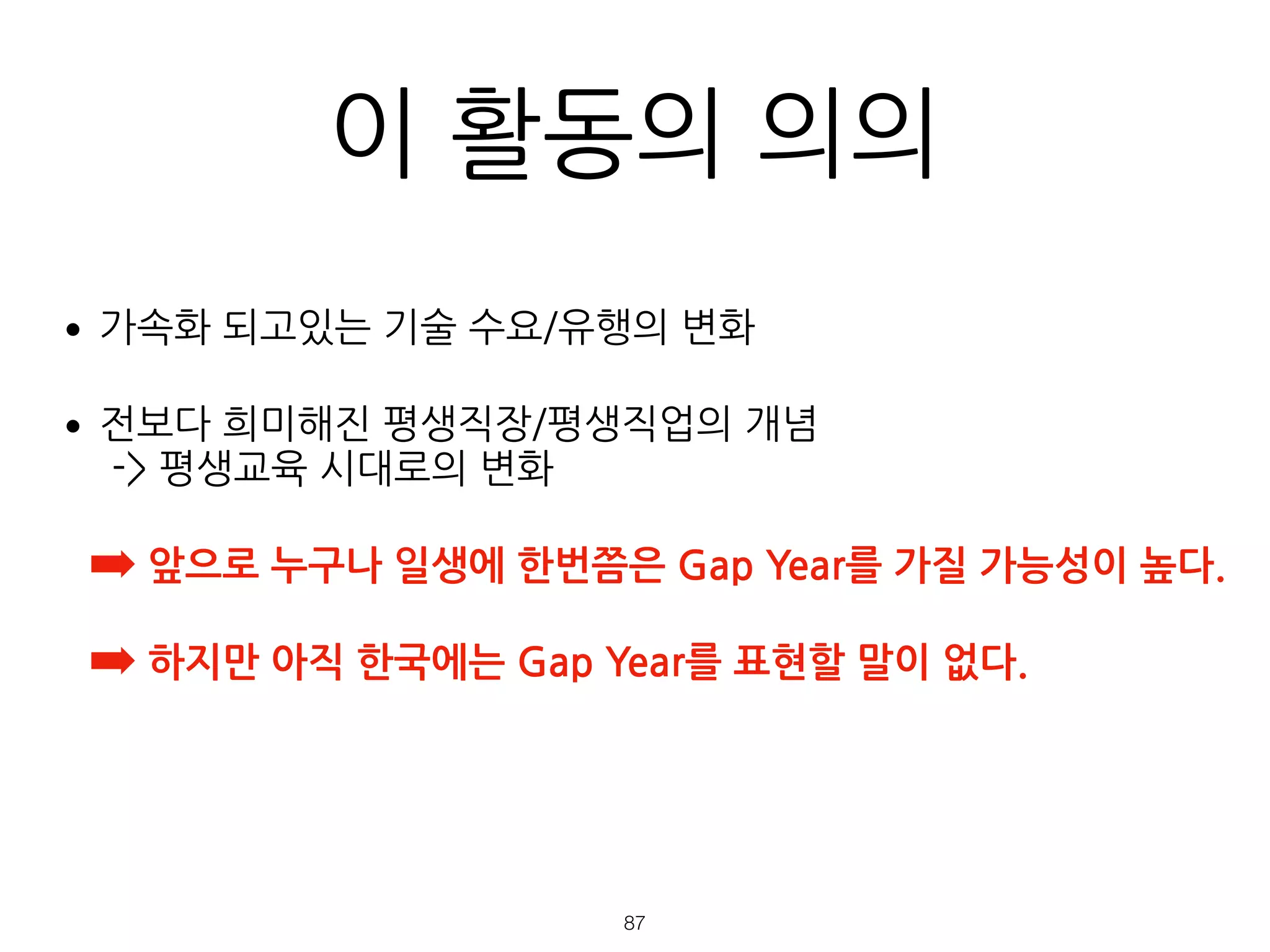 이 활동의 의의
•가속화 되고있는 기술 수요/유행의 변화
•전보다 희미해진 평생직장/평생직업의 개념 
-> 평생교육 시대로의 변화
➡ 앞으로 누구나 일생에 한번쯤은 Gap Year를 가질 가능성이 높다.
➡ 하지만 아직 한국에는 Gap Year를 표현할 말이 없다. 
 
!87
 