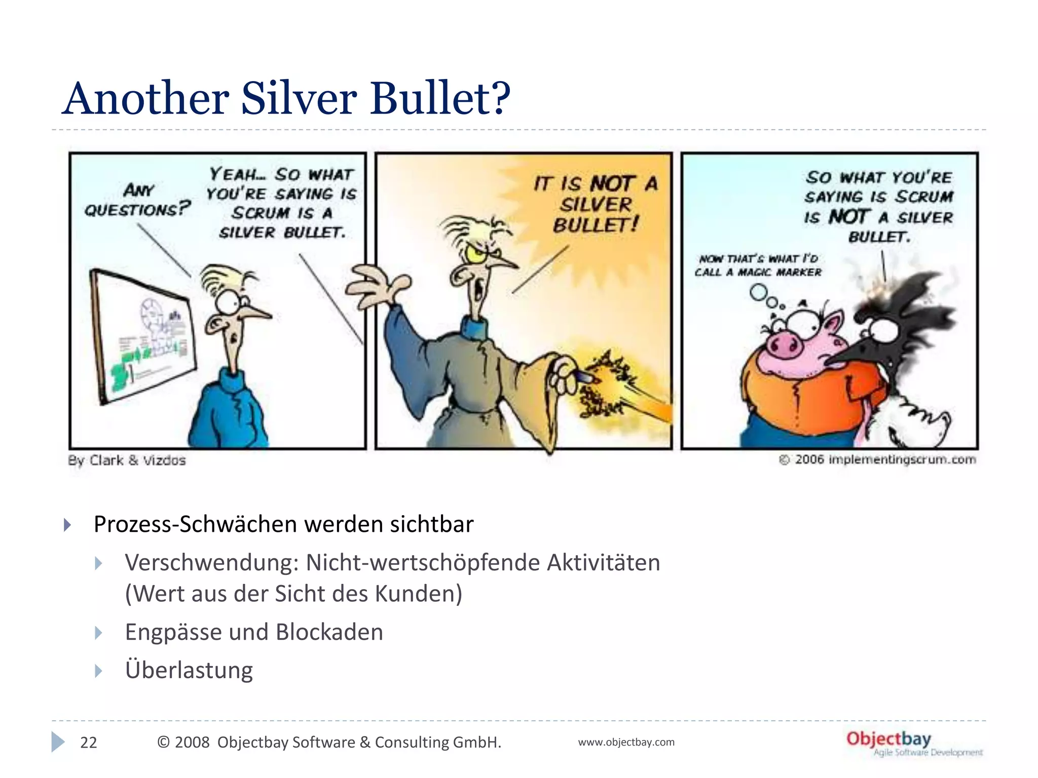 © 2008 Objectbay Software & Consulting GmbH. www.objectbay.com
Another Silver Bullet?
 Prozess-Schwächen werden sichtbar
 Verschwendung: Nicht-wertschöpfende Aktivitäten
(Wert aus der Sicht des Kunden)
 Engpässe und Blockaden
 Überlastung
22
 