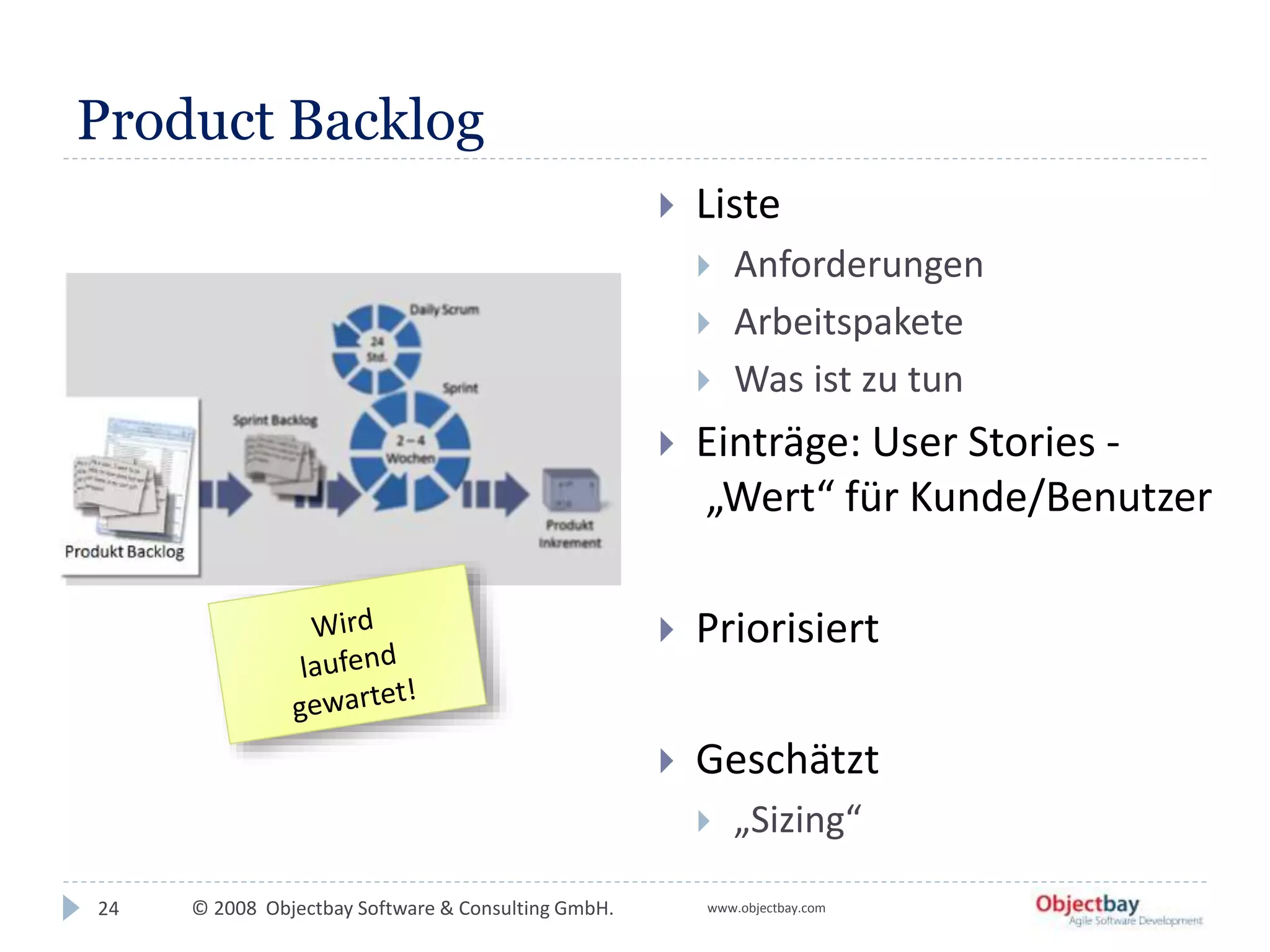 © 2008 Objectbay Software & Consulting GmbH. www.objectbay.com
Product Backlog
 Liste
 Anforderungen
 Arbeitspakete
 Was ist zu tun
 Einträge: User Stories -
„Wert“ für Kunde/Benutzer
 Priorisiert
 Geschätzt
 „Sizing“
24
 