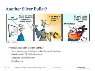 © 2008 Objectbay Software & Consulting GmbH. www.objectbay.com
Another Silver Bullet?
 Prozess-Schwächen werden sichtbar
 Verschwendung: Nicht-wertschöpfende Aktivitäten
(Wert aus der Sicht des Kunden)
 Engpässe und Blockaden
 Überlastung
22
 
