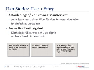 © 2008 Objectbay Software & Consulting GmbH. www.objectbay.com
User Stories: User + Story
25
 Anforderungen/Features aus Benutzersicht
 Jede Story muss einen Wert für den Benutzer darstellen
 Ist einfach zu verstehen
 Kurzer Beschreibungstext
 Klarheit darüber, was der User damit
an Funktionalität bekommt
Quelle: Mike Cohn, Mountain Goat Software
As a vacation planner, I
want to see photos of
the hotels.
As a user, I want to
cancel a reservation.
As a frequent flyer, I
want to rebook a past
trip, so that I can save
time booking trips I
take.
 