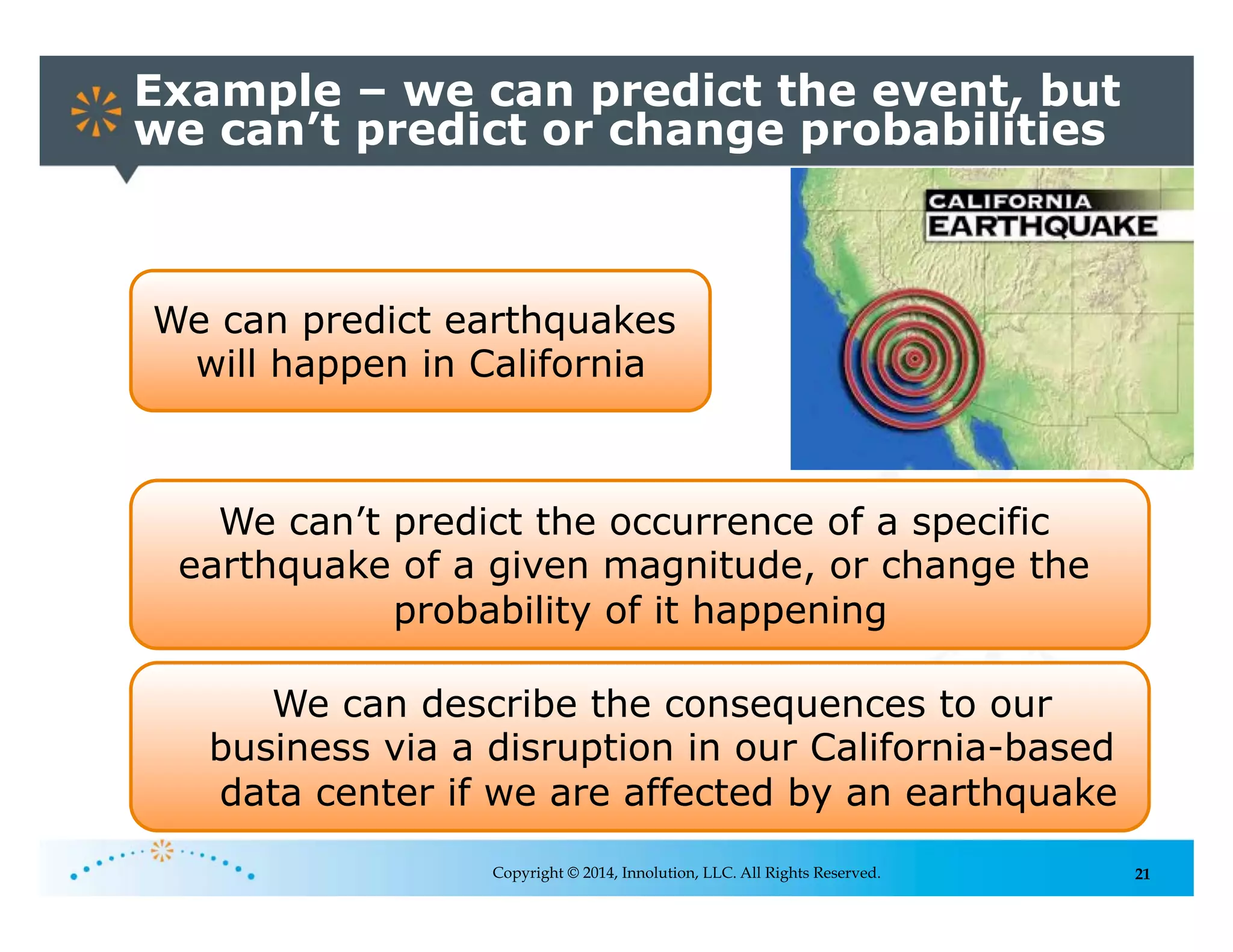 21
Example – we can predict the event, but
we can’t predict or change probabilities
Copyright © 2014, Innolution, LLC. All Rights Reserved.
We can predict earthquakes
will happen in California
We can’t predict the occurrence of a specific
earthquake of a given magnitude, or change the
probability of it happening
We can describe the consequences to our
business via a disruption in our California-based
data center if we are affected by an earthquake
 