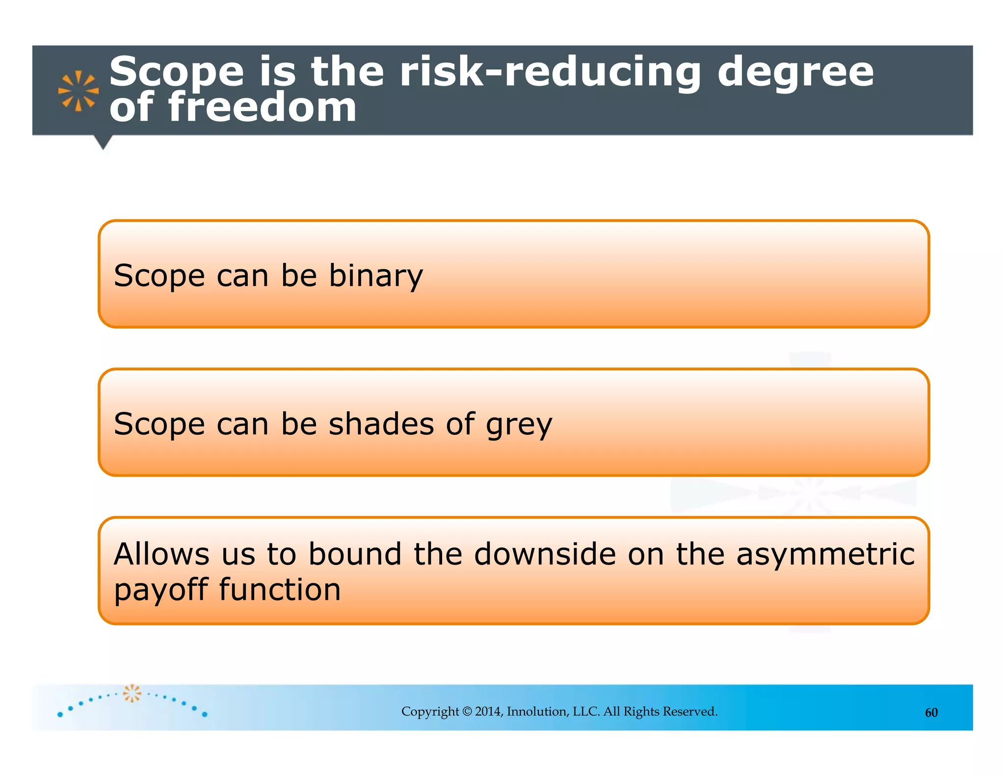 60
Scope is the risk-reducing degree
of freedom
Copyright © 2014, Innolution, LLC. All Rights Reserved.
Scope can be binary
Scope can be shades of grey
Allows us to bound the downside on the asymmetric
payoff function
 