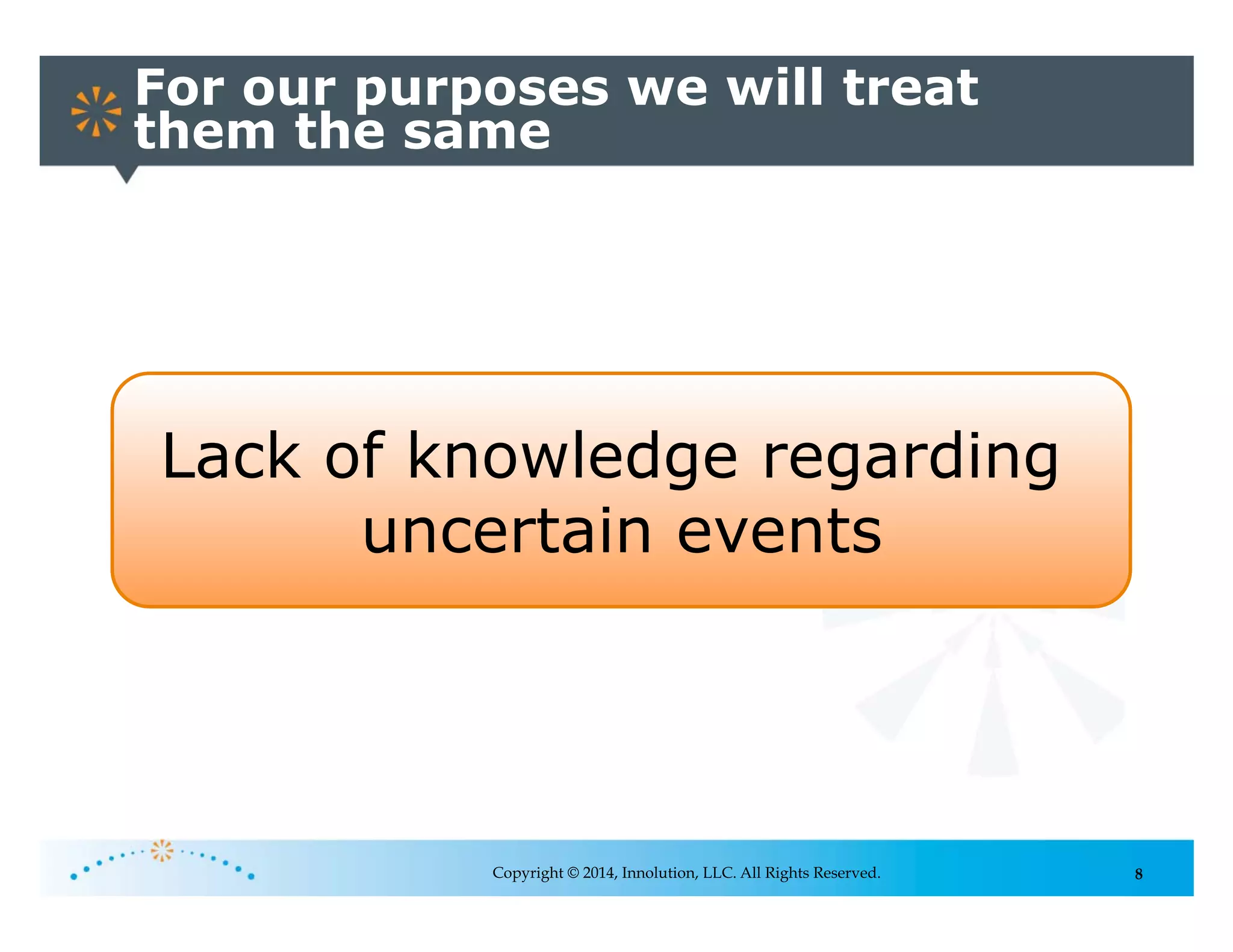 8
For our purposes we will treat
them the same
Copyright © 2014, Innolution, LLC. All Rights Reserved.
Lack of knowledge regarding
uncertain events
 