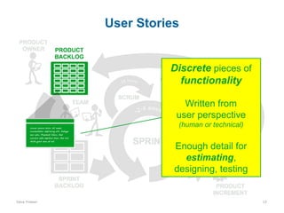 User Stories

Discrete pieces of
functionality
Written from
user perspective
(human or technical)

Enough detail for
estimating,
designing, testing

Dave Friesen

15

 