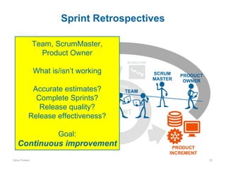 Sprint Retrospectives
Team, ScrumMaster,
Product Owner
What is/isn’t working
Accurate estimates?
Complete Sprints?
Release quality?
Release effectiveness?
Goal:

Continuous improvement
Dave Friesen

25

 