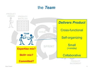 the Team

Delivers Product
Cross-functional
Self-organizing
Small
Expertise mix?

(+nimble)

Skill+ mix?

Collaborative

Committed?
Dave Friesen

9

 