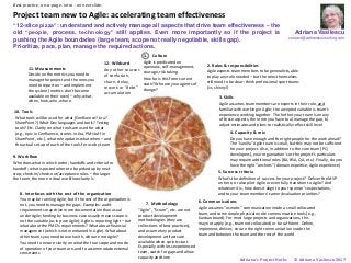 Adriana Vasilescu
contact@adrianaconsulting.com
1. Culture
Project team new to Agile: accelerating team effectiveness
“12-slice pizza”: understand and actively manage all aspects that drive team effectiveness – the
old “people, process, technology” still applies. Even more importantly so if the project is
pushing the Agile boundaries (large team, scope not really negotiable, skills gap).
Prioritize, pace, plan, manage the required actions.
Adriana‘s Project Hacks © Adriana Vasilescu 2017
Best practice, on-a-page. Intro - on next slide.
3. Skills
7. Methodology
9. Workflow
8. Interfaces with the rest of the organization
11. Measurements
10. Tools
2. Roles & responsibilities
4. Capacity & mix
5. Success criteria
12. Wildcard
Any other sources
of confusion,
churn, delay,
rework or “debt”
accumulation
6. Communications
Agile is predicated on
openness, self-management,
courage, risk taking.
How far is this from current
state? Who are your agents of
change?
Agile expects team members to be generalists, able
to play any role needed – but the roles themselves
still need to be clear: think professional sport teams
(vs. shinny!)
Agile assumes team members are experts in their role, and
familiar with working in Agile; the accepted variable is team’s
experience working together. The further your team is on any
of these aspects, the more you have to a) manage the gap, b)
adjust estimates and plans to realistically reflect skill level
Do you have enough and the right people for the work ahead?
The “vanilla” Agile team is small, but this may not be sufficient
for your project. Also, in addition to the core team (PO,
developers), your organization’s or the project’s particulars
may require additional roles (BA, BSA, QA, etc.). Finally, do you
have the right “anchors” (domain expertise, Agile experience)
What’s the definition of success for your project? Deliver the MVP
on time, or also pilot Agile or even fully transition to Agile? And
whatever it is, how does it align to your sponsor’s expectations,
and to your team members’ career/evaluation priorities?
Agile assumes “osmotic” communication inside a small collocated
team, and some simple physical onsite communication tools (e.g.,
Kanban board). For most large projects and organizations, this
may not apply (e.g., team not collocated) or be sufficient. Define,
implement, deliver, ensure the right communication inside the
team and between the team and the rest of the world
“Agile”, “Scrum”, etc. are not
product development
methodologies (they are
collections of best practices),
and assume key product
development artifacts are
available when sprints start.
Especially with less experienced
team, watch for gaps and allow
capacity and time
You may be running Agile, but if the rest of the organization is
not, you need to manage the gaps. Examples: audit
requirements may drive more documentation than usual
under Agile; funding by business case usually means scope is
not the variable (as in pure Agile); Agile is reporting light – but
what about the PMO’s requirements? What about financial
management (which is not mentioned in Agile). What about
other teams you need to work with, who are not Agile?
You need to ensure clarity on what the true scope and mode
of operation of your team are, and to accommodate external
constraints
Who does what in which order; handoffs and criteria for
handoff; what is posted where to be picked up by next
step; check-in/check-out/acceptance rules – the larger
the team, the more critical workflow clarity is
What tools will be used for what (Confluence? Jira?
SharePoint?) What Dev languages and tools? Testing
tools? Etc. Clarity on what tools are used for what
(e.g., epic in Confluence, stories in Jira, PM stuff in
SharePoint, etc.), what role updates what when – and
the actual set up of each of the tools for use by team
Decide on the metrics you need to
manage the project and the ones you
need to report on – and implement
the system (metrics don’t become
available on their own) – why, what,
when, how, who, where
 