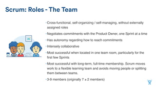 Scrum: Roles - The Team
•Cross-functional, self-organizing / self-managing, without externally
assigned roles
•Negotiates commitments with the Product Owner, one Sprint at a time
•Has autonomy regarding how to reach commitments
•Intensely collaborative
•Most successful when located in one team room, particularly for the
ﬁrst few Sprints
•Most successful with long-term, full-time membership. Scrum moves
work to a ﬂexible learning team and avoids moving people or splitting
them between teams.
•3-9 members (originally 7 ± 2 members)
 