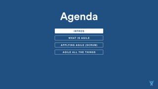 APPLYING AGILE (SCRUM)
WHAT IS AGILE
AGILE ALL THE THINGS
Agenda
INTROS
 