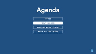 APPLYING AGILE (SCRUM)
WHAT IS AGILE
AGILE ALL THE THINGS
Agenda
INTROS
 