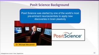info@agilekanban.istanbul Twitter: @agilekanban
Posit Science Background
Mike
Merzenich
Posit Science was started by one of the world’s most
pre-eminent neuroscientists to apply new
discoveries in brain plasticity
Dr. Michael Merzenich
32
 