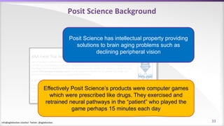 info@agilekanban.istanbul Twitter: @agilekanban
Posit Science Background
Effectively Posit Science’s products were computer games
which were prescribed like drugs. They exercised and
retrained neural pathways in the “patient” who played the
game perhaps 15 minutes each day
Posit Science has intellectual property providing
solutions to brain aging problems such as
declining peripheral vision
33
 
