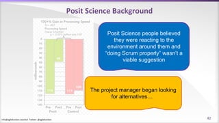 info@agilekanban.istanbul Twitter: @agilekanban
Posit Science Background
Posit Science people believed
they were reacting to the
environment around them and
“doing Scrum properly” wasn’t a
viable suggestion
The project manager began looking
for alternatives…
42
 