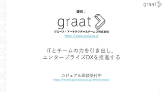 31
ITとチームの⼒を引き出し、
エンタープライズDXを推進する
https://www.graat.co.jp
提供：
カジュアル⾯談受付中
https://recruit.gxp-group.co.jp/entry/casual/
 