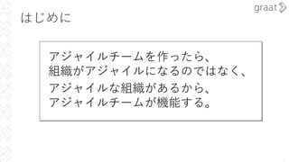 はじめに
7
アジャイルチームを作ったら、
組織がアジャイルになるのではなく、
アジャイルな組織があるから、
アジャイルチームが機能する。
 