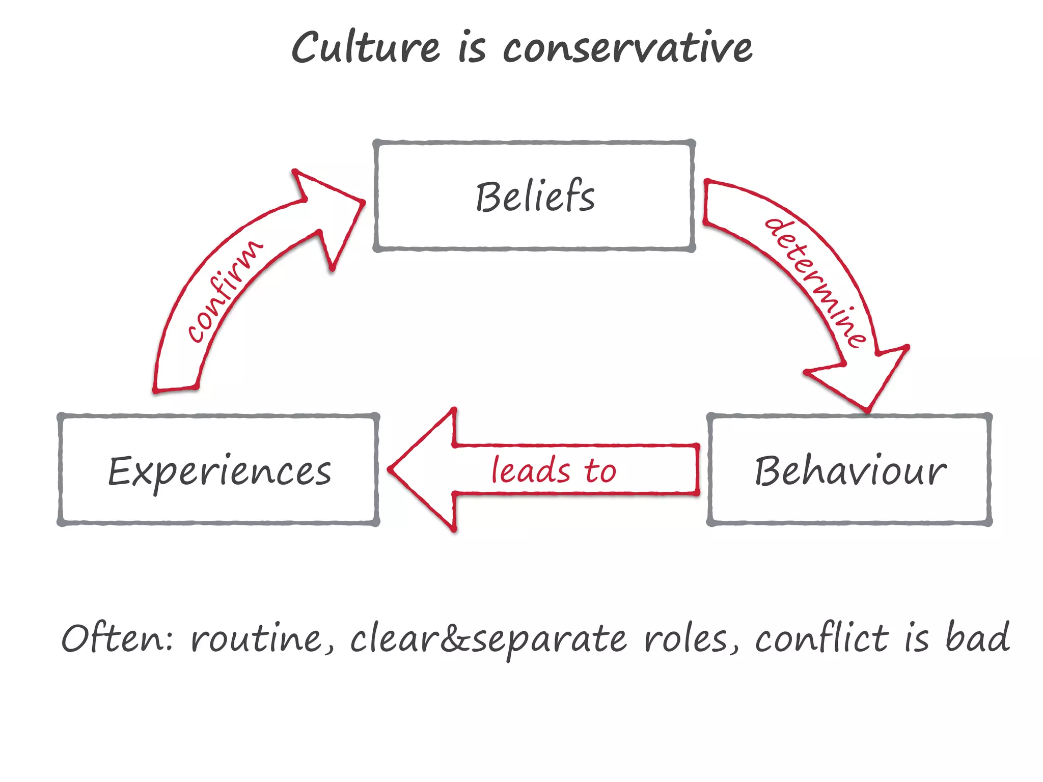 Behaviour
Beliefs
Experiences
determ
ine
confirm
leads to
Culture is conservative
Often: routine, clear&separate roles, conflict is bad
 