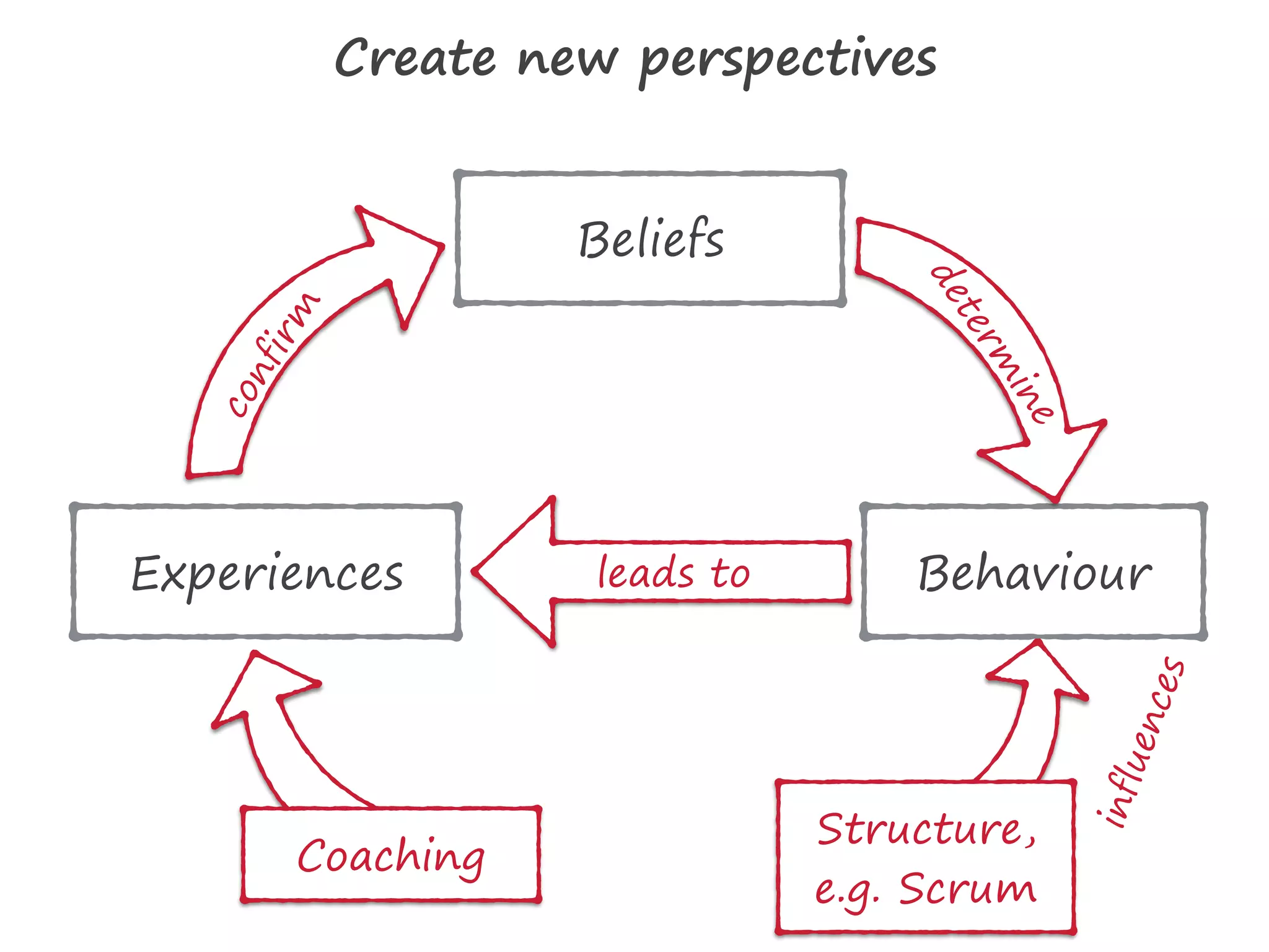 Coaching
Structure,
e.g. Scrum
influences
Behaviour
Beliefs
Experiences
determ
ine
confirm
leads to
Create new perspectives
 